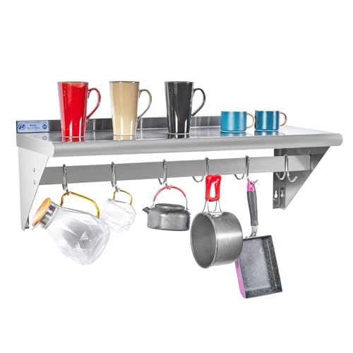 Hally Sinks & Tables H Hally Stainless Steel Shelf With 6 Hooks 14 Inch X 36 Inch Wall Mounted Pot Rack 300Lb cover