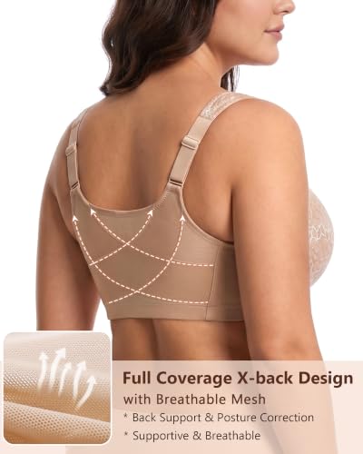 Image of Lemorosy Women's Plus Size Front Closure Posture Back Unlined Wireless Bra | Double Support, Full Coverage, Minimizer, Unpadded, Large Busts, 34D-48DDD