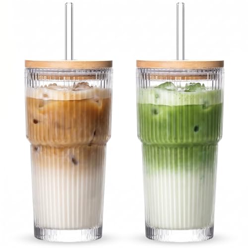 zxevg Iced Coffee Cup 2 Pack 600ml Matcha Glass Tumbler Ribbed & Floral Glass Cups with Lids and Straws Leakproof Reusable Tumblers for Smoothie Cold Drinks Home & Travel