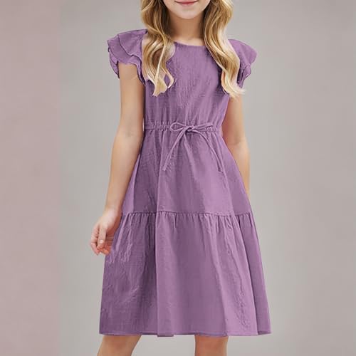 Girls Cotton Gauze Dresses Flutter Sleeve Tiered A Line Dress Summer Casual Round Neck Cinched Waist Sundress2