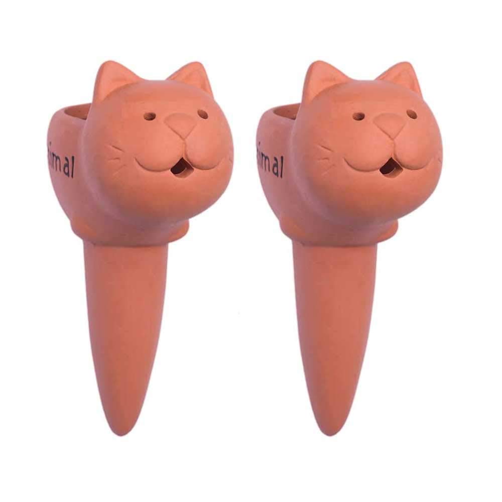 Layboo Premium Plastic and Pottery Plant Waterer Watering Spikes (Animal Shaped Red Pottery 2 Pcs Cat)