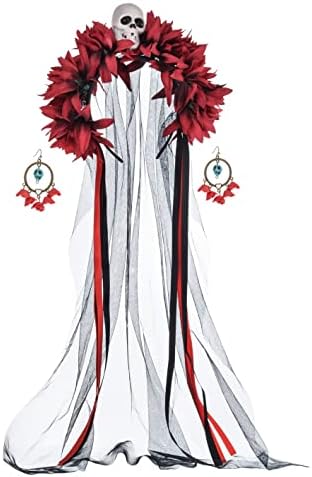 Women’s Day of The Dead Flower Headband with Skull Eearings for Halloween Lady Dress Up Party, Dia de Los Muertos (claret-red)