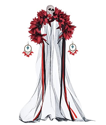 Women’s Day Of The Dead Flower Headband With Skull Eearings For Halloween Lady Dress Up Party, Dia De Los Muertos (Claret-Red) #TOP1