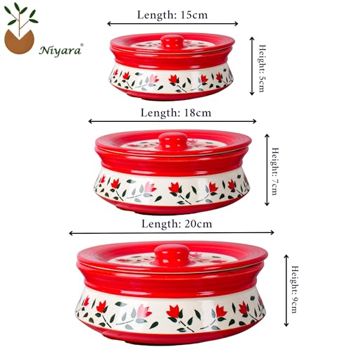 Image of Niyara Premium Ceramic Casserole /Donga Set with Lids - Handcrafted Serving Bowls for Hot Food, Microwave & Dishwasher Safe - Set of 3, Sizes: 1000ML, 650ML, 550ML (Red leaf design)
