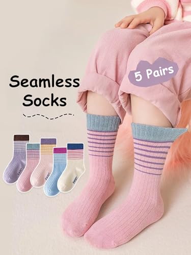 Toddler Girl Sport Socks Ribbed Sock Mouth Striped Breathable Mid Calf Socks Summer 5 Pairs2