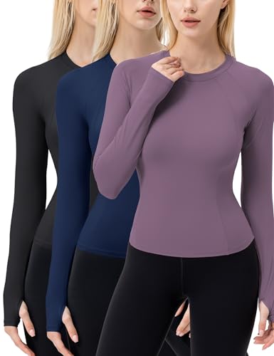 LEICHR 3 Pack Compression Shirts for Women Long Sleeve, Quick Dry Gym Workout Tops, Seamless Slim Fit Yoga Shirts Thumb Hole, 3pack #Black+navy+purple#51, Large