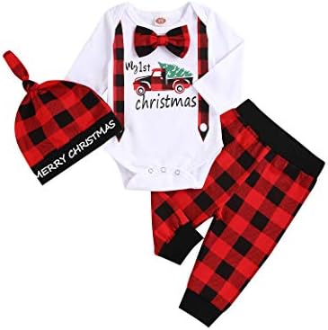 My First Christmas Newborn Girl Boy Xmas Outfits Bow Bodysuit Pants Plaid Hat Infant Christmas Clothes Set