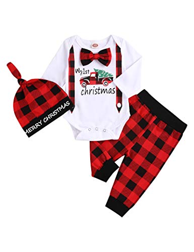 Image of My First Christmas Outfit Infant Baby Boy Long Sleeve Romper Bodysuit + Red Plaid Pants + Christmas Hat Gentleman Christmas Clothing Sets
