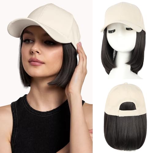 CHRSHN Hat Wigs for Women Baseball Cap With Hair Extensions Synthetic Short Straight Bob Hats with Hair Attached for Women Adjustable Hat Wig for Daily Use (Brown Black)