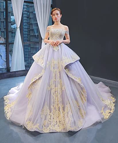 Gold Lace Beading Wedding Dresses for Women Tulle Prom Quinceanera Dress Off The Shoulder 20254