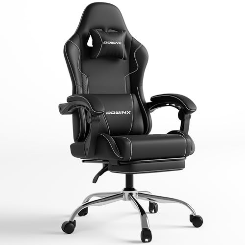 Dowinx Gaming Stuhl mit Fußstütze und Massage Lendenstütze Ergonomic Gaming Chair als Komfortabler Gaming-Sessel mit Kopfstütze, Ideal Für Büro, Home, Streaming und Lange Gaming-Sessions,Schwarz