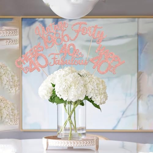 Image of 15 PCS 40th Birthday Centerpiece Sticks Double Sided Forty Happy 40 Vintage 1986 Table Flower Centerpieces Sticks Cheers to 40 Fabulous Floral Decorations for 40th Birthday Party Supplies Rose Gold