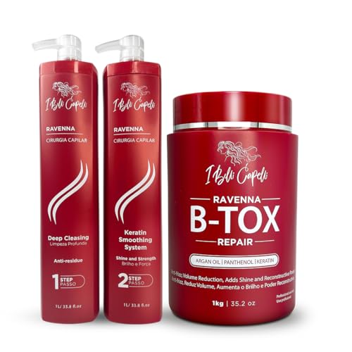 I Belli Capelli Ravenna Professional Keratin Hair B-tox - Chirurgie capillaire pour cheveux, lissage, traitement B-tox pour cheveux, cellules souches pour cheveux - Système lissant 3x1L (105,8oz).