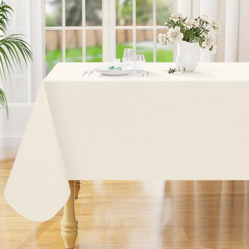 Image of Smiry Rectangle Table Cloth 60x144 Inch, Waterproof Wipeable Vinyl Tablecloths Protector, Oil Spill Proof Plastic Table Cover for Dining, Picnic, Camping, Outdoor, Beige