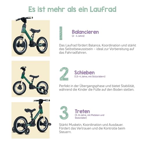 Kidcruiser Pedalplay laufrad ab 2 Jahre, ideal zum Radfahren Lernen, 3‑in‑1 mit LED Stützrädern & Pedalen, besonders robustem Modulrahmen - Waldgrün