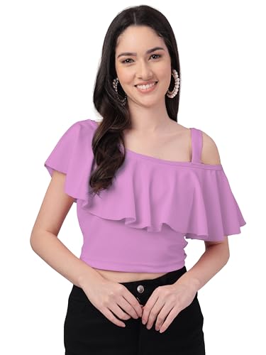 Image of Mehrang Women's Casual Solid Flared Crop Top Round Neck Stretchable Blend for Women /Top for Girls