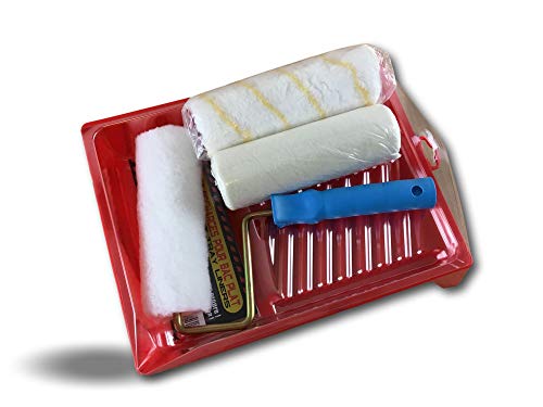 Ensemble à peindre écoresponsable | Bac plat rouge + 3 recharges | 1 monture 180 mm | 1 manchon anti-goutte polyamide | 2 manchons polyester (1 poils courts + 1 longs) | Kibros BACMMBV180