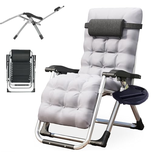LSBIKE Zero Gravity Reclining Sun Lounger Chair with 10cm Thick Removable Cushion & Cup Holder – Foldable Recliner Garden Chair for Camping, Patio, Beach – 200kg Capacity, No Assembly Needed (Grey)