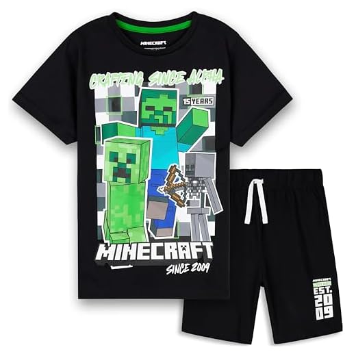 Minecraft Pijama Set Corto, Transpirable de 2 Piezas - para Niños (Negro, 9-10 Años)