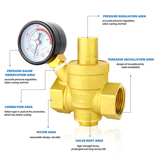 MEANLIN MEASURE 1 inch brass Water pressure regulating valve, pressure regulating valve, pressure reducing valve, DN25, with 0-220PSI pressure gauge by MEANLIN MEASURE - Image 7