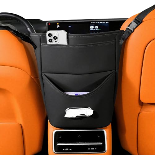 WEIHAO Between Seat Car Organizer with Multiple Pockets, Purse Holder for Car Between Front Seats, 13x13 inch Leather Car Storage Pocket Between Seats for Sedans, SUVs, Most Vehicles (Black-1PC)