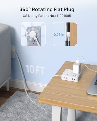 Image of TROND 360 Rotating Flat Plug Power Strip, 10FT Flat Extension Cord with Multiple Outlets 4 USB (2 USB C), Wall Mount Surge Protector 1440 Joules for Home Office Travel Dorm Room Essentials, White