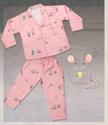 Image of MINIMATES Unisex Kids Cotton All Over Printed Night Suit Sleepwear Top & Pyjama Set Full Sleeve with Pockets for Girls & Boys with Buttons /Sleepwear for Girls /Night Dresses