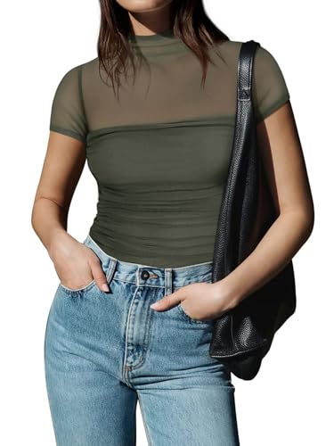 Image of REORIA Women's Sexy Mock Turtle Neck Short Sleeve Shirts Sheer Mesh Ruched Trendy Going Out Bodysuits Tops