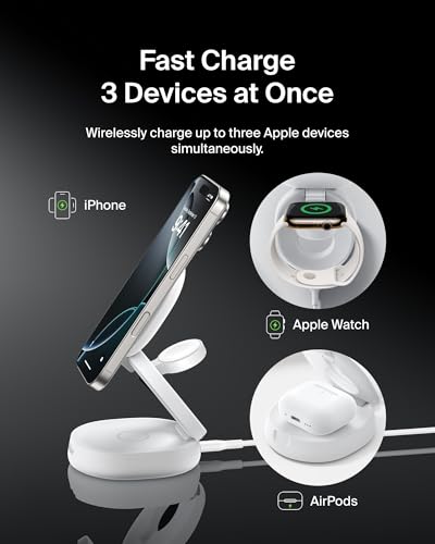 Belkin MagSafe Charger Compatible, 3-in-1 Qi2 15W Wireless Charging Station, Convertible Wireless Charger for iPhone 17, Apple Watch, AirPods, Pixel 10, Phone Stand for Travel w/ 36W Adapter - White - Image 3