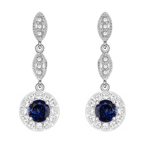 Crystalline Azuria Mujer 18ct Chapado en Oro Blanco Pendientes Colgantes Redondo Zafiro simulado Azul Cristales de Zirconia Pendientes Colgantes para Mujer y Niña