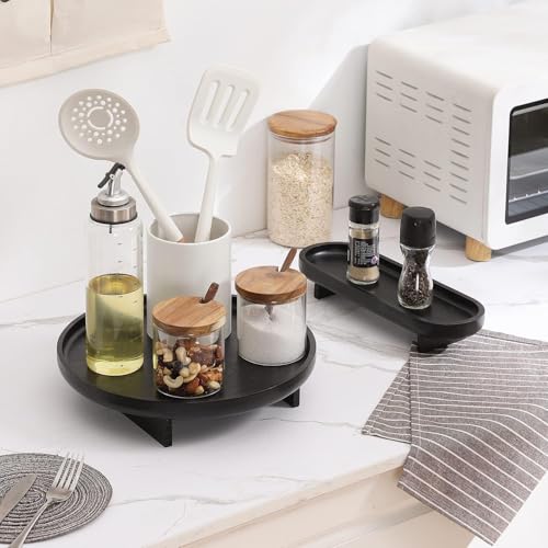 Image of 2 Pcs Round Wooden Decorative Tray, Black, Modern, 11.8 inchL x 11.8 inchW x 2.5 inchH (Large), 11.8 inchL x 4 inchW x 2 inchH (Small), Perfect for Coffee Table, Bathroom Vanity, Kitchen Counter, Gift
