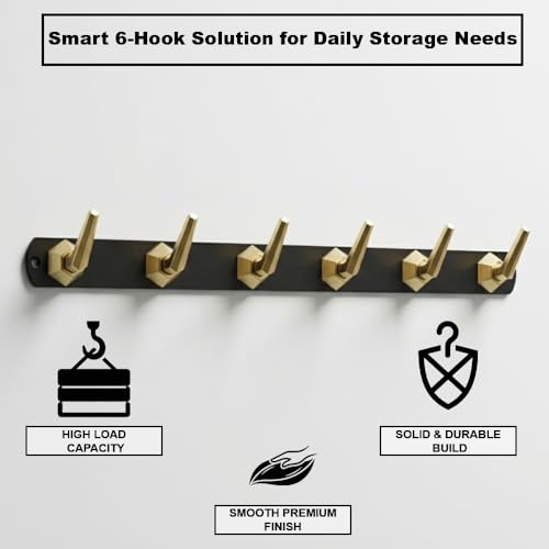 Image of Modern Design Cloth Hanger for Wall /6 Hook Dress Hanger for Door Mount /Bathroom Hooks for Hanging (Black & Gold Finish) Pack of 4-| 3 Years Warranty |