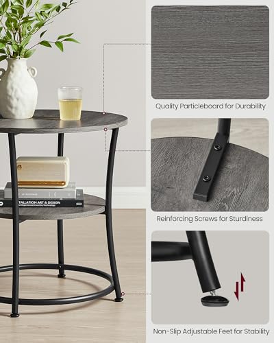 VASAGLE Round Side Table with 2 Storage Shelves for Small Spaces – Misty Gray & Ink Black