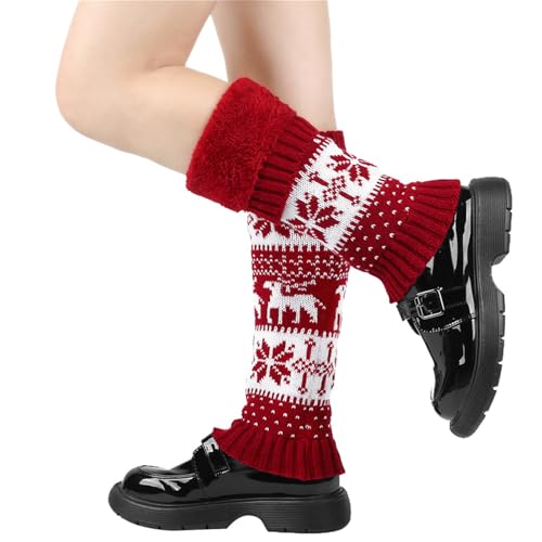 Image of Women Fall Winter Knit Leg Warmers Christmas Snowflake Elk Print Fleece Lined Boot Cuffs Holiday Socks