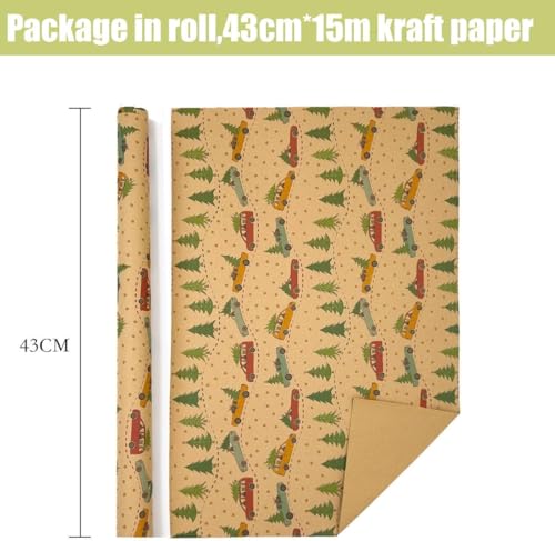 Christmas Wrapping Paper Roll,43cm*15m Xmas Wrapping Paper,Kraft Xmas Gift Wrap Paper for Christmas Party Decoration (Tree Car)