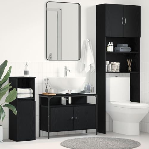 Homgoday Mueble de baño Negro Roble 80x30x60 cm Madera de Ingeniería Gabinete de Baño,Auxiliar de Madera, Gabinete de Almacenamiento,para Sala de Estar, Cocina, Entrada