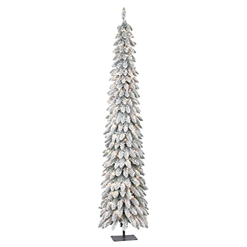 Puleo-International-7-ft-Pre-Lit-Flocked-Artificial-Alpine-Pencil-Tree Puleo International 7 ft Pre Lit Flocked Artificial Alpine Pencil Tree