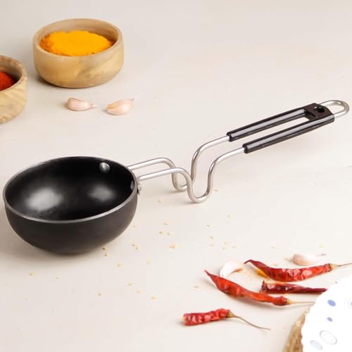 Image of Hard Anodised Tadka Pan, 11 cm Diameter, Stainless Steel Riveted Handle, 3mm Thick Plate, Vaghar /Chounk /Baghar Pan for Frying Dal /Spices, Gas Oven Compatible, Scratch Resistant