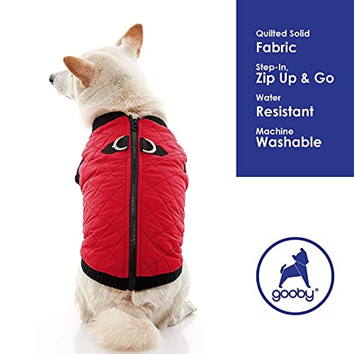 Image of Gooby Fashion Vest Dog Jacket, Red, Large | Quilted bomber, water-resistant; Stretch knit bottom; Dual D-ring leash; Pain-free zipper guard; Warm