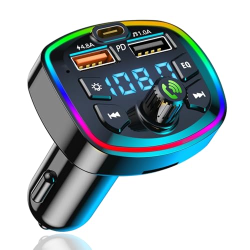 Transmetteur FM Bluetooth Voiture – Adaptateur avec PD 4.8A, Double USB, Lecteur MP3, Appels Mains Libres, Compatible avec Tous Les Appareils