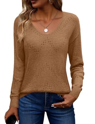 Image of Zeagoo Womens Sweaters Fall Trendy Casual Long Sleeve Shirt Lightweight V Neck Off Shoulder Crochet Pullover Top Outfit