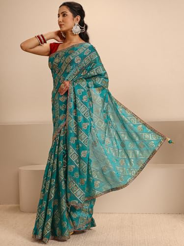 Image of Libas Printed Silk Blend Saree for Women With Unstitched Blouse Piece | Traditional Saree for Festive & Wedding