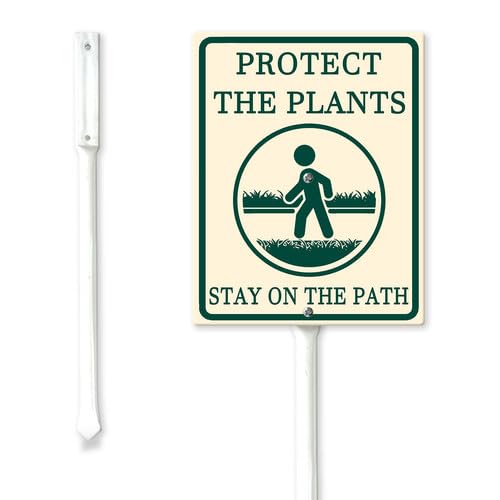 Geroclonup Protect the Plants Stay on the Path Yard Sign 17.5x22cm Sturdy Aluminum Yard Signs Rust Free Garden Decorations Rustproof Standing Lawn Sign for Outdoor Decor Keep Off Grass Signs