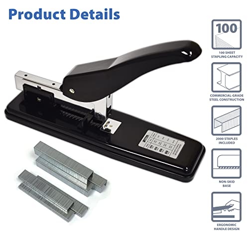 Image of Better Office Products Heavy Duty Commercial Stapler with 2,000 Staples, Black Polished Steel, 100 Sheet High Capacity, Rounded Ergonomic Lever & Weighted Stability Base, Jam Free Large Stapler,