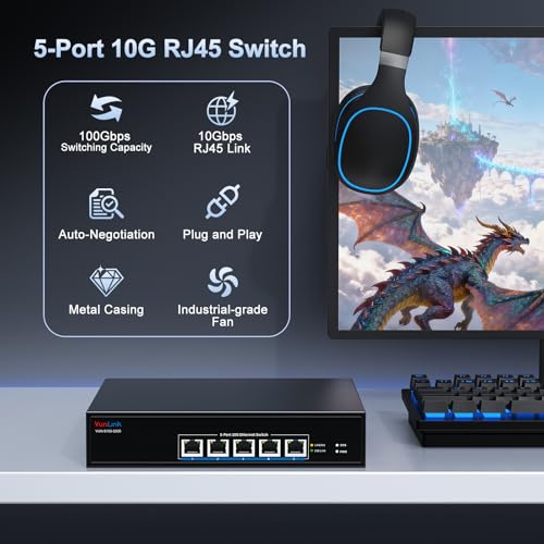 Image of 5-Port 10G RJ45 Ethernet Switch Unmanaged, VunLink 10GBase-T Network Switch,Multi-Gig 10G /5G /2.5G /1G, 100Gbps Capacity, Plug & Play,Desktop /Rackmount, for NAS /PC /Router /Workstation /10G NIC