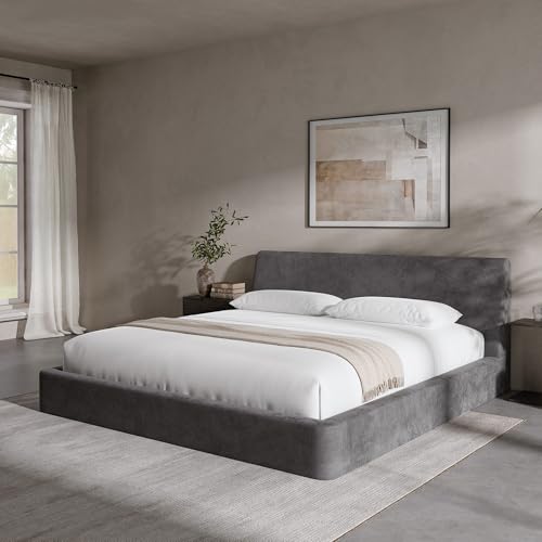 Image of RECCI AirFrame King Size Bed Frame with Ergonomic Angled Foam Cushioned Headboard, Minimalist Design Platform Bed Frame, No Box Spring Needed, Easy Assembly (Moon Grey)