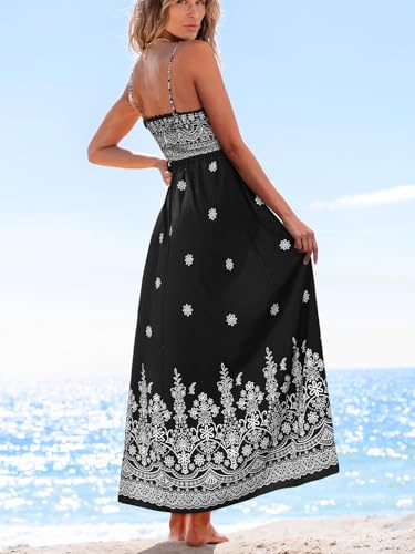 Image of CUPSHE Women Spaghetti Straps Boho Maxi Dress Summer Sleeveless Smocked Floral Beach Long Dress Flowy Cruise Vacation Outfits