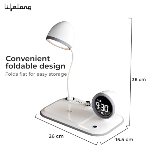 Image of Lifelong 3-in-1 Wireless Charging Desk Lamp with LED Light & Digital Alarm Clock|Fast Wireless Charging Pad, Adjustable Brightness, Touch Control & Night Mode|Perfect for Bedroom, Office & Study Table
