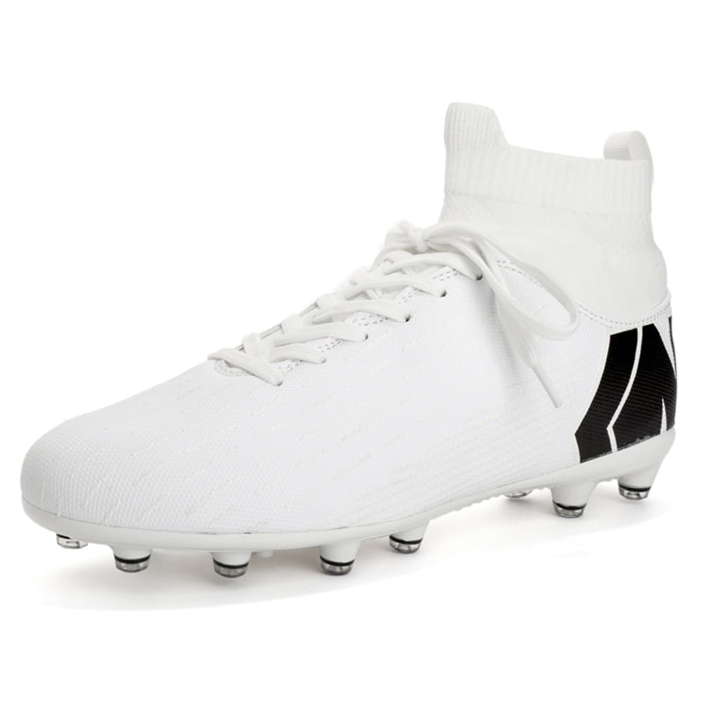 Unisex Fashion Womens High Top Lightweight Soccer Cleats Mens Classic Football Boots Shoes, White, 8.5 Women/7 Men-image-38