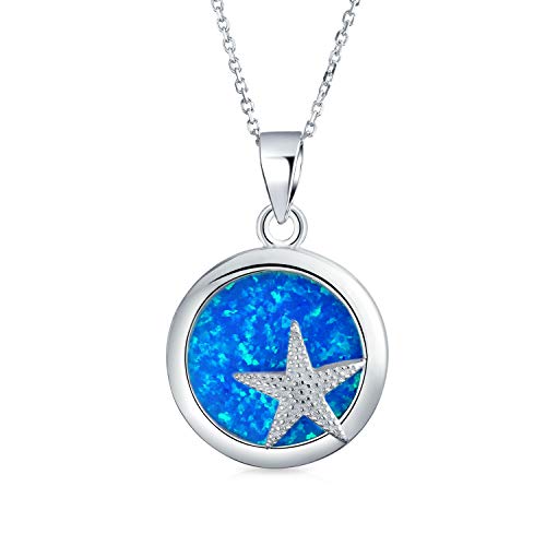 Round Circle Disc Nautical Ocean Lover Blue Created Opal Inlay Starfish Pendant Necklace For Women 925 Sterling Silver